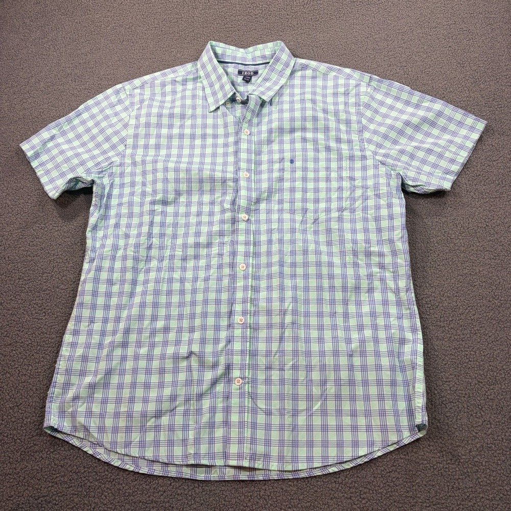 IZOD Button Down Mens XL Green Plaid Short Sleeve Shirt 46IZSHB71R-332 Pocket